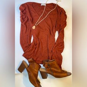 Long knit long sleeve blouse, burnt sienna.